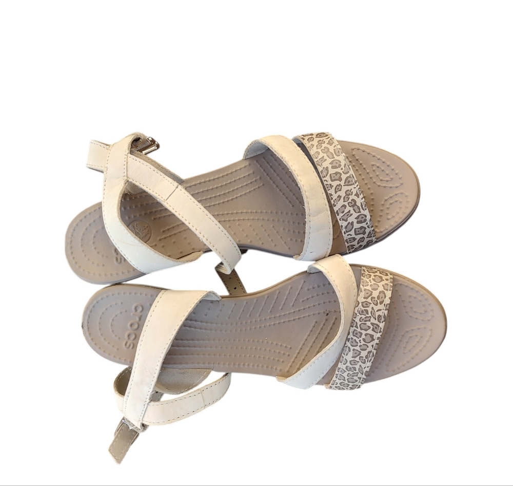CROCS Neutral Beige Wedge Sandals with Subtle Leopard Accent - Picture 2 of 7